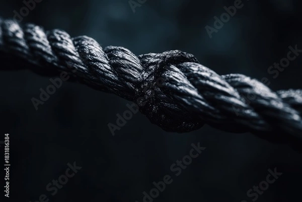 Fototapeta Close up of thick black rope tied in knot with dark blurred background, showing texture and strength in moody atmosphere