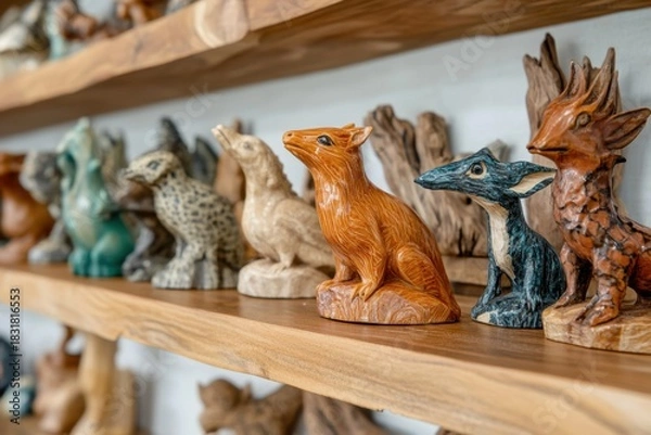 Fototapeta Wooden animal sculptures displayed on shelves with intricate details and various colors, showcasing artistic craftsmanship and natural wood texture in cozy setting