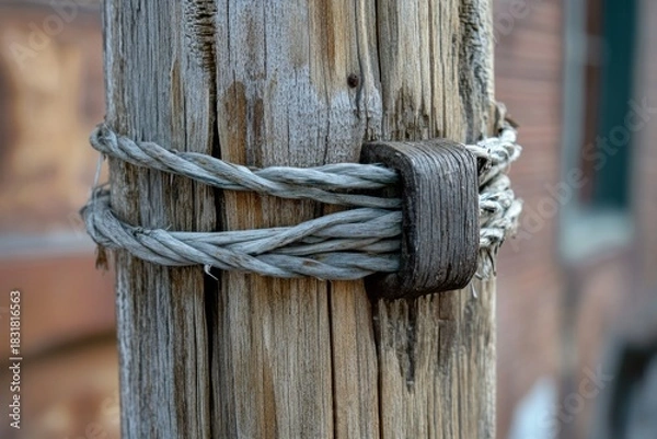 Fototapeta Old wooden pole wrapped with twisted metal wire secured by weathered metal clamp, showing rustic texture and aged outdoor utility equipment in soft natural light