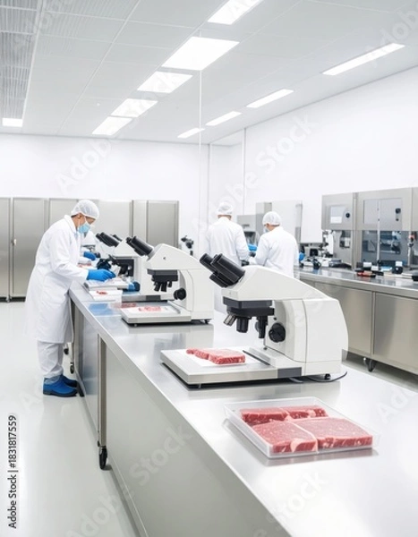 Fototapeta Food scientists in sterile PPE inspect raw meat samples under microscopes on clean stainless steel workbenches in a controlled laboratory.