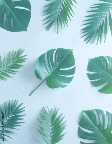 Fototapeta Fresh green monstera leaves and slender palm fronds create a vibrant tropical pattern on a soft white backdrop. Natural beauty.