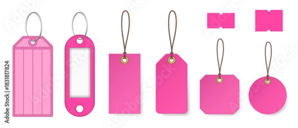 Fototapeta Set of pink price tags and keyrings. Price stickers. Luggage tag. Cardboard label for clothes. Key tags with split ring and window. Keychains