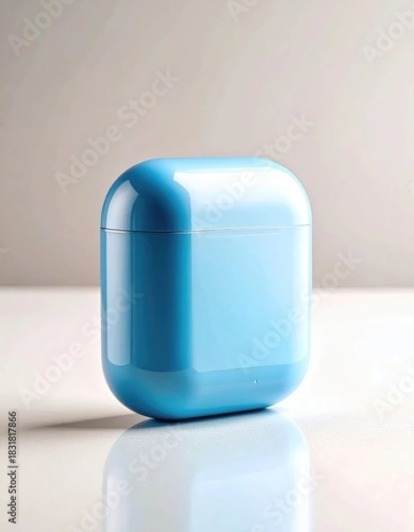 Fototapeta Seamless sky blue earbud case with a gleaming glossy finish and soft rounded contours, perfectly mirrored on white.