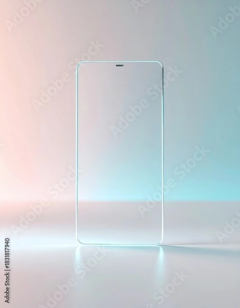 Fototapeta A sleek transparent glass smartphone with glowing cyan edges stands upright on a reflective surface. A soft pink to blue gradient background enhances its minimalist, futuristic design.