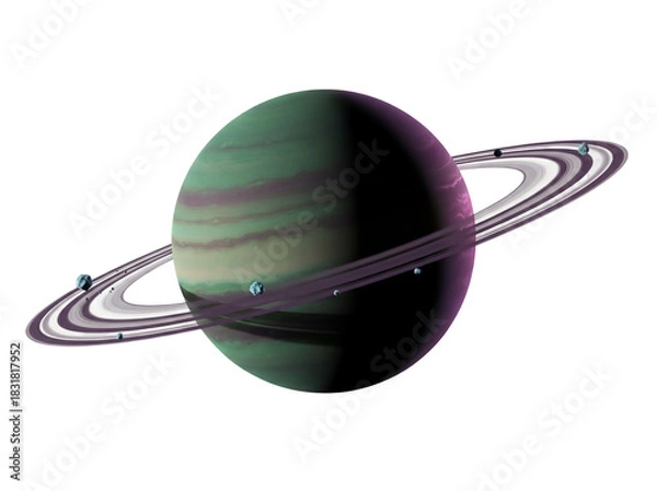 Obraz Green and purple planet with rings and moons isolated PNG, fantasy space object on transparent background, celestial body for science fiction