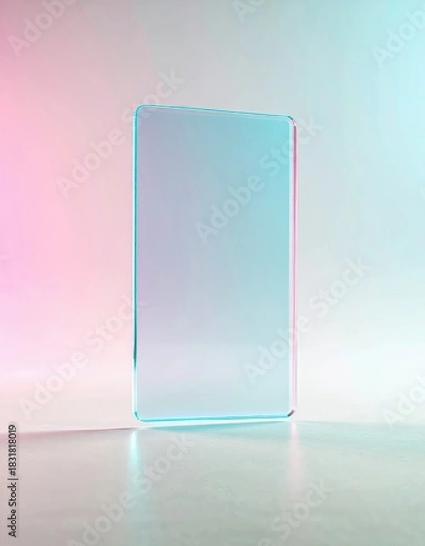 Fototapeta Vibrant light transforms a sleek translucent panel. Its glowing edges and surface reflect a soft pink and cyan gradient, standing tall on a reflective base with a minimalist backdrop.