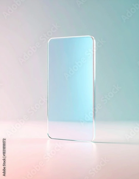Fototapeta A sleek transparent device stands upright, its smooth glass surface reflecting iridescent blue, pink, and green light against a soft pastel gradient background.