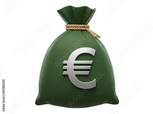 Obraz Green money bag with Euro sign isolated PNG, sack of cash on transparent background for finance and banking concepts