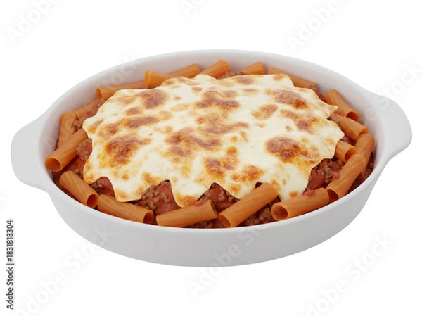 Obraz Baked ziti pasta with meat sauce and melted cheese isolated PNG, Italian comfort food on transparent background