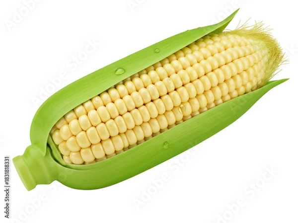 Obraz Fresh corn on the cob isolated PNG, sweet yellow kernels with green husk on transparent background, healthy vegetable for cooking and eating