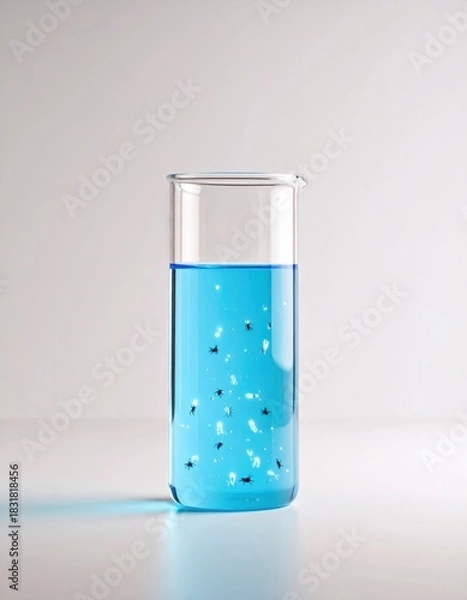 Fototapeta Bright blue liquid in a clear lab beaker swarming with tiny black bugs and shimmering white luminous organisms.