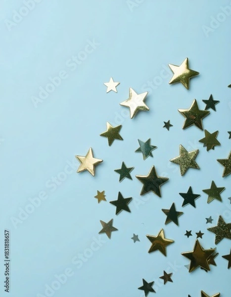 Fototapeta Golden stars in varying sizes glitter and scatter across a soft, light blue canvas. A bright, festive, and elegant display.