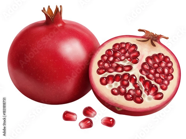 Obraz Ripe pomegranate fruit isolated PNG, whole and halved with seeds on transparent background, healthy eating and antioxidant source