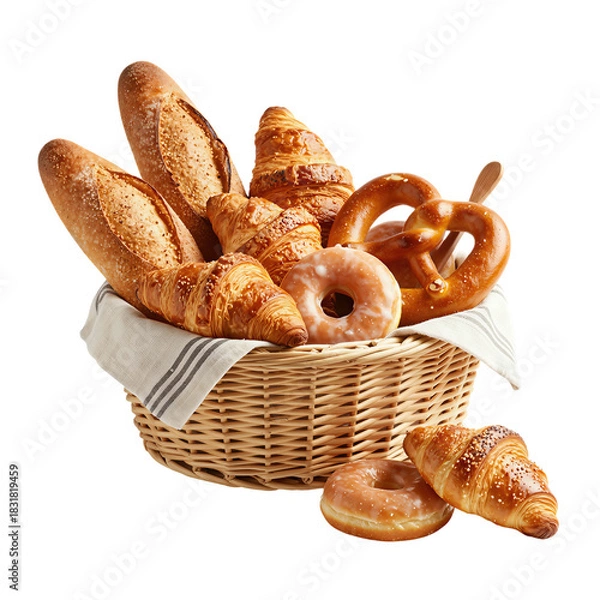 Fototapeta Basket of Fresh Bread and Pastries 3D Render