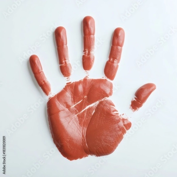 Fototapeta Earthy red textured handprint deeply impressed on a bright white background, revealing intricate palm and finger details.