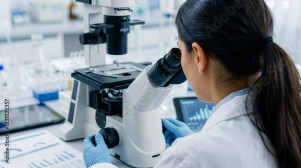 Fototapeta A female scientist looking through a microscope in laboratory