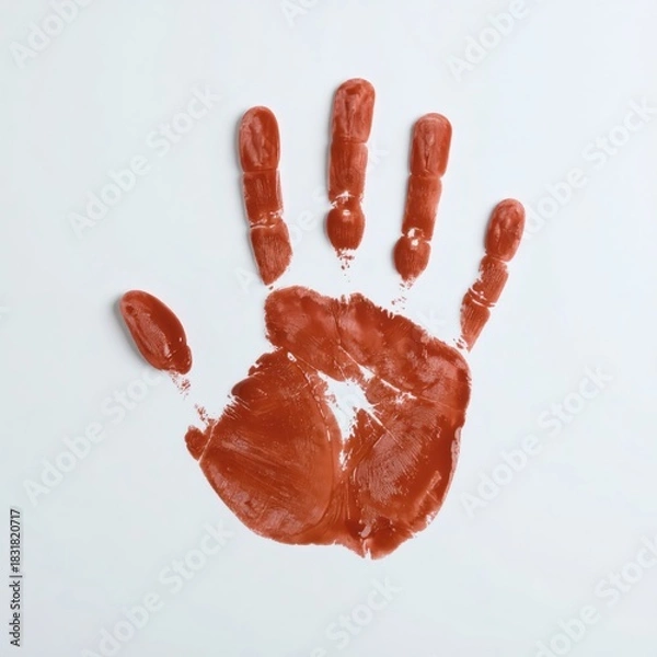 Fototapeta A vivid reddish-brown handprint, thick with paint, stands out against a crisp white backdrop. Distinct palm and finger lines are clearly visible.