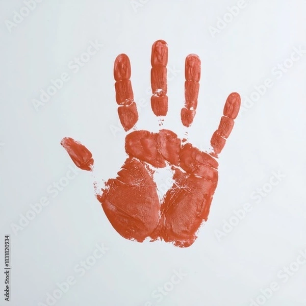 Fototapeta A distinct terracotta handprint centrally placed on a pristine white background. The impression reveals intricate textured lines of the palm and all five fingers.