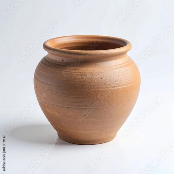 Fototapeta Rustic unglazed terracotta pot with a wide rim and visible horizontal lines, casting a soft shadow on white.
