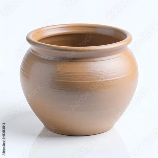 Fototapeta Earthy brown ceramic pot, wheel-thrown with visible horizontal lines, showcasing its rounded form and distinct rolled rim on a white studio background.