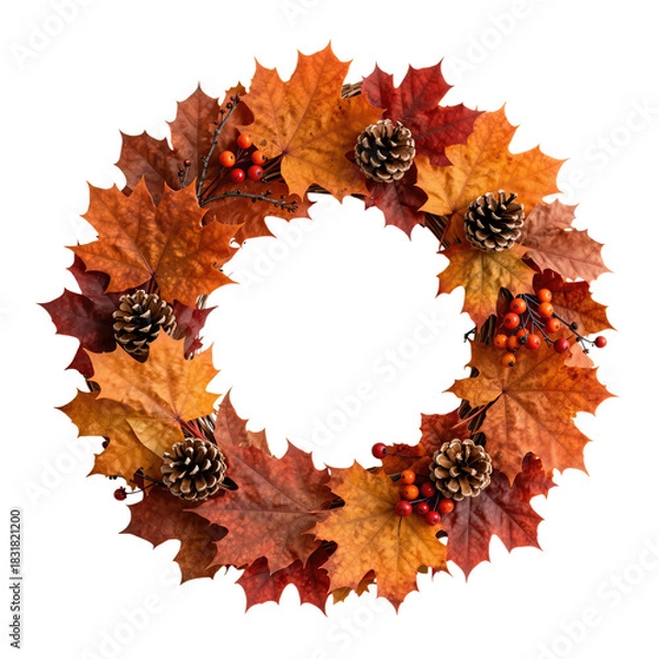Fototapeta Autumn Leaves and Pinecones Wreath with Berries