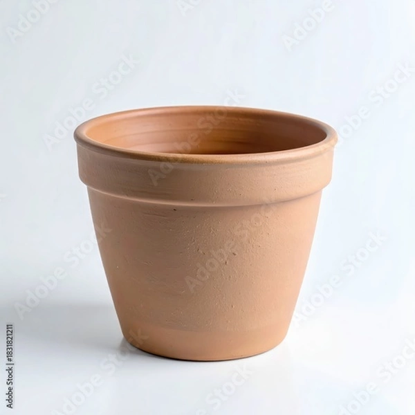 Fototapeta A pristine, empty terracotta pot with a classic flared rim, featuring warm reddish-brown tones against a minimalist white backdrop.
