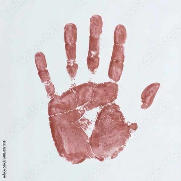 Fototapeta A solitary reddish-brown handprint boldly pressed onto a stark white surface. Intricate palm creases and distinct fingerprints mark this unique impression.