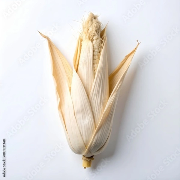 Fototapeta An elegant display of dried white corn, its pale husks gently opened to unveil milky kernels and delicate silk against a clean white backdrop.