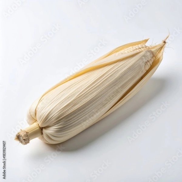 Fototapeta Fresh partially shucked corn showing pale kernels against a pure white backdrop.