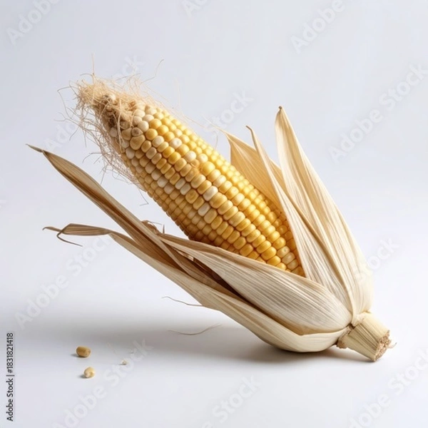 Fototapeta An ear of corn displays golden kernels partly exposed from its dry, crinkled husks and wispy silk. A couple of stray kernels rest on the clean white background.