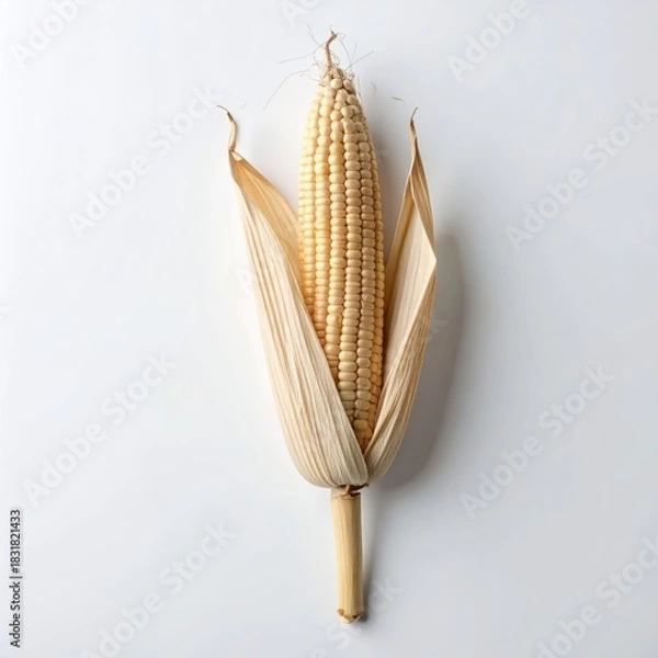 Fototapeta A pale yellow corn cob, its dried husks gently peeled back to reveal perfect rows of kernels on a pristine white surface.