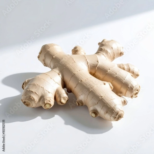 Fototapeta Fresh light-colored ginger root with a distinctive knobbly texture rests on a clean white surface illuminated by strong directional light creating sharp shadows.