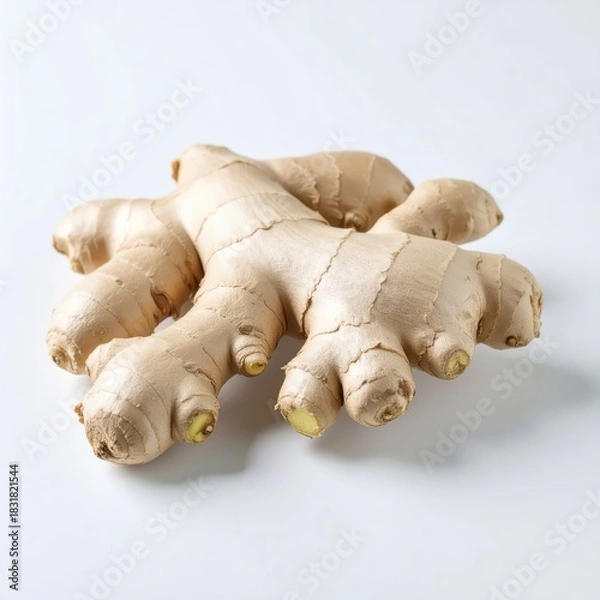 Fototapeta A vibrant, fresh ginger root displays its unique knobby, textured light brown skin against a pristine white backdrop. Distinct rhizome form, ready for flavor.