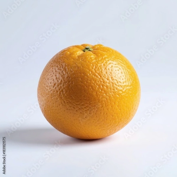 Fototapeta A perfectly ripe, vibrant orange displaying its characteristic textured peel and a small green nub, centered against a clean light backdrop with soft shadows.