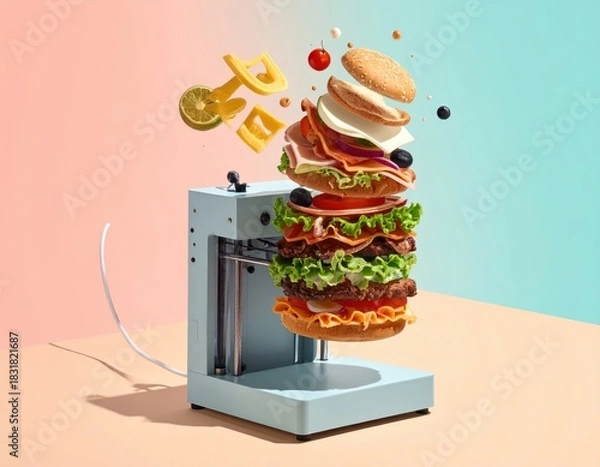 Fototapeta A futuristic food printer crafts a towering multi-layered burger with buns meats and fresh veggies floating perfectly into place on a vibrant dual-tone backdrop.