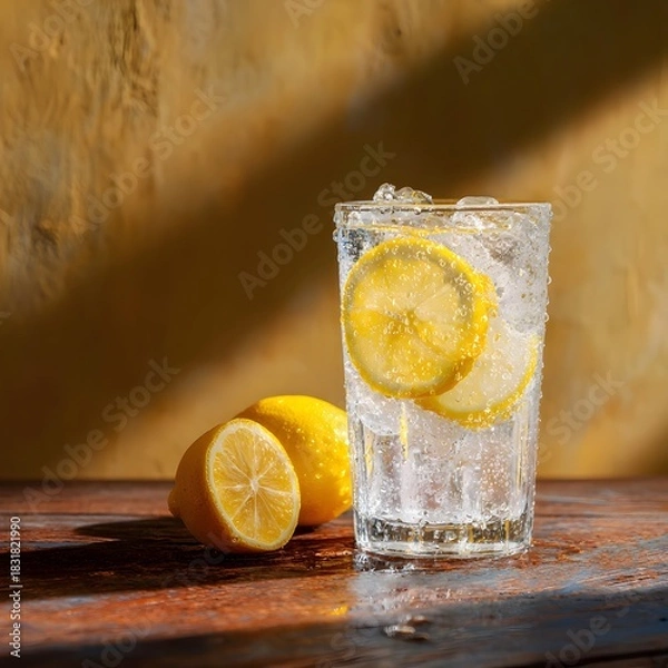 Fototapeta Glass of refreshing lemonade and water with lemon slice