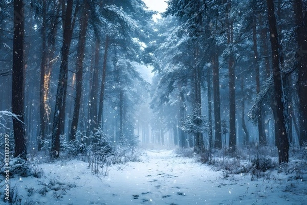 Fototapeta Foggy winter forest with snow-covered trees and path