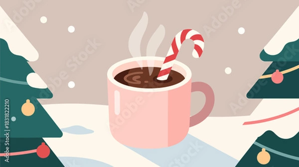 Obraz Hot chocolate in pink mug with candy cane near Christmas trees  