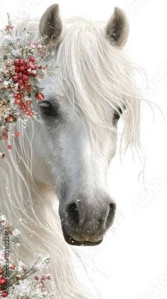 Fototapeta Christmas frame white background horse theme attributes