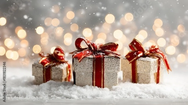 Fototapeta Christmas gift boxes with red and gold ribbons arranged on a soft snowy surface. Festive bokeh lights in the background enhance the premium holiday atmosphere