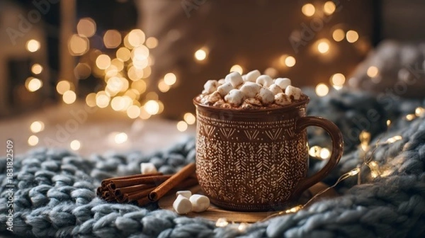 Fototapeta cozy Christmas evening scene featuring a mug of hot cocoa topped with marshmallows, surrounded by warm glowing fairy lights