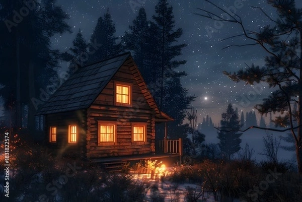 Fototapeta A cozy wooden cabin at night with warm glowing windows, nestled in a quiet forest under gentle starlight
