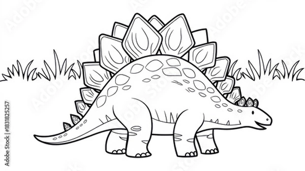Fototapeta Children’s Stegosaurus coloring page with big decorative back plates and a long tail. Thin black contour with simple clear outlines and many inner elements for coloring. Black and white printable dino