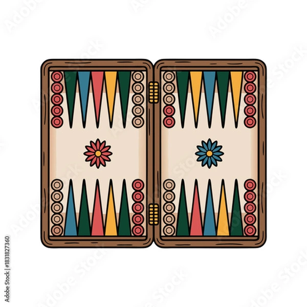 Fototapeta Colorful backgammon game board with geometric patterns and pieces  