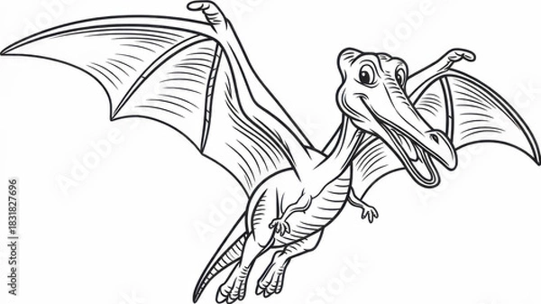 Fototapeta Children’s dinosaur coloring page featuring a smiling flying Pterodactyl with wide wings. Thin black line art with simple clear outlines and detailed wing patterns. Black and white printable worksheet