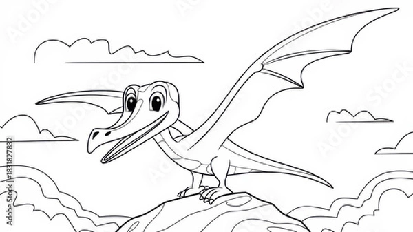 Fototapeta Children’s dinosaur coloring page featuring a smiling flying Pterodactyl with wide wings. Thin black line art with simple clear outlines and detailed wing patterns. Black and white printable worksheet