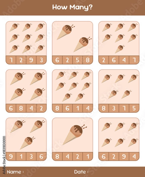 Fototapeta Count the number of ice creams. Educational mathematical game. Counting game for children. Kids activity sheet. Template for how many
