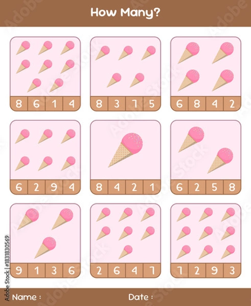 Fototapeta Count the number of ice creams. Educational mathematical game. Counting game for children. Kids activity sheet. Template for how many