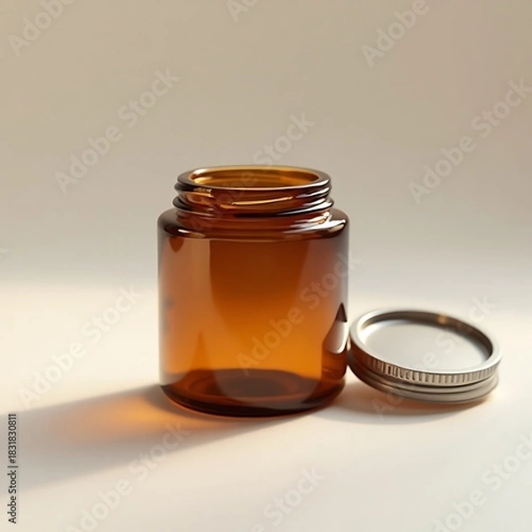 Fototapeta Empty Amber Glass Jar with Silver Lid on Neutral Background