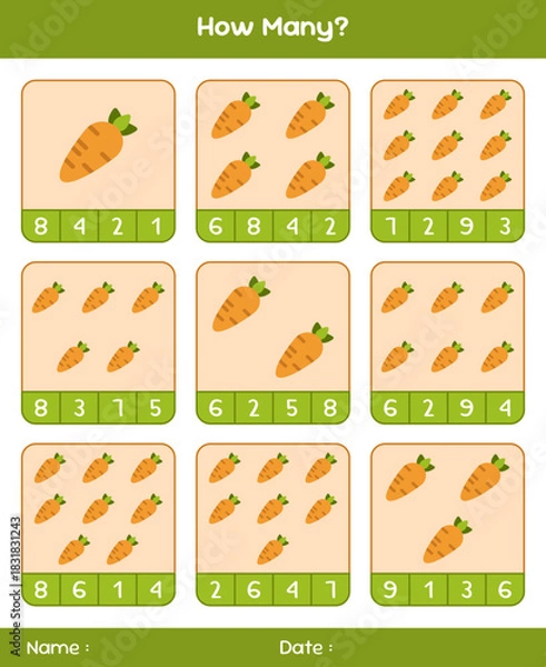 Fototapeta Count the number of vegetables. Educational mathematical game. Counting game for children. Kids activity sheet. Template for how many